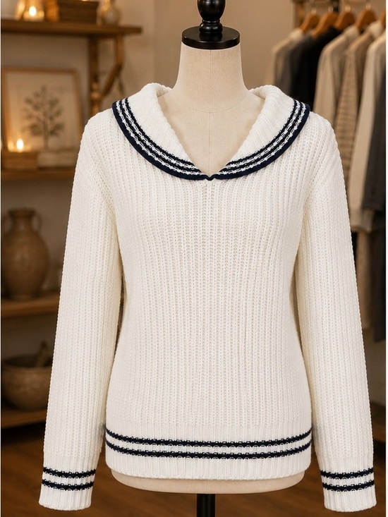 Marled Sweaters - Marled Cream V-Neck Sailor Sweater with Navy Trim